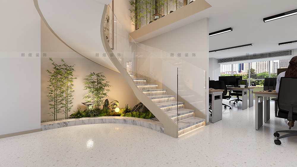 辦公室微景觀弧形造型和旋轉樓梯裝修效果圖